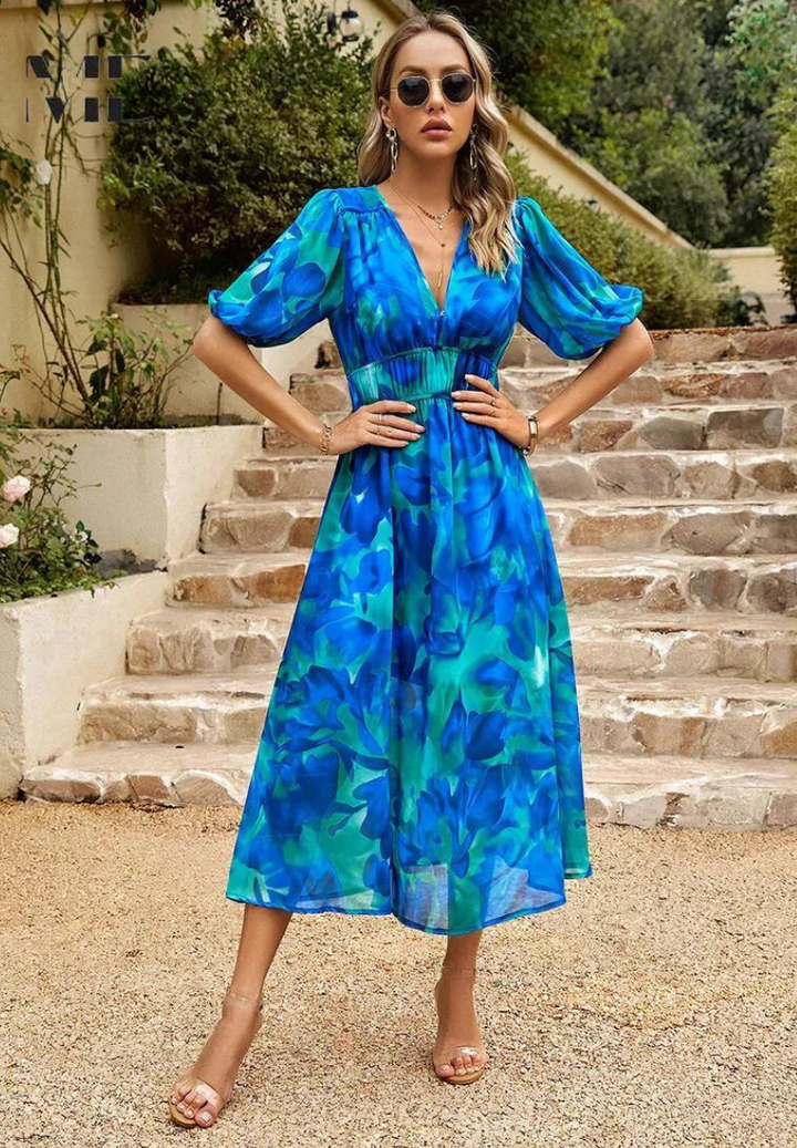 Women's Floral Midi Guest Dress Polyester Autumn Party Wear