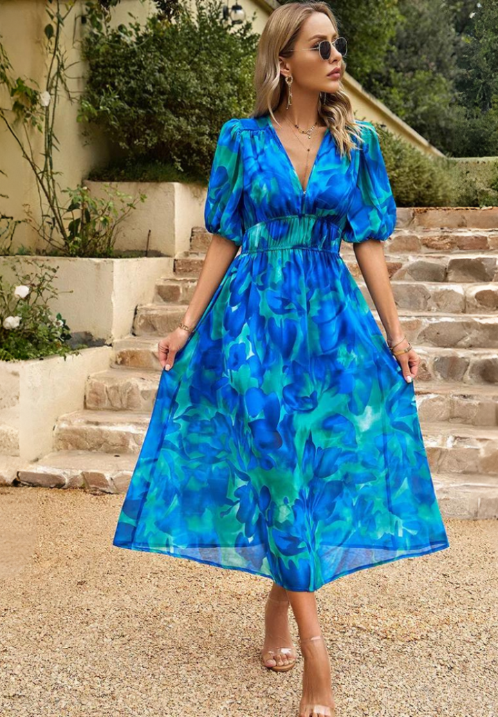 Women's Floral Midi Guest Dress Polyester Autumn Party Wear