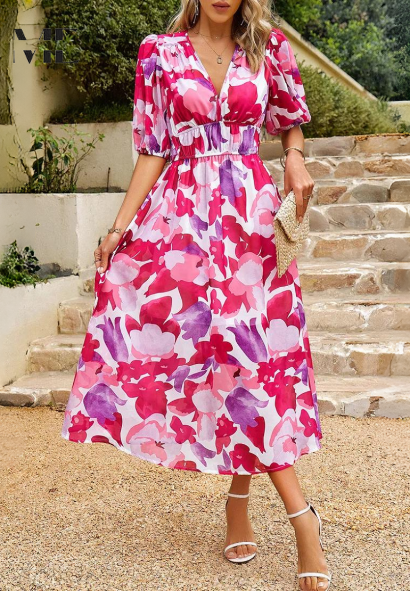 Women's Floral Midi Guest Dress Polyester Autumn Party Wear