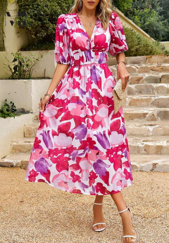 Women's Floral Midi Guest Dress Polyester Autumn Party Wear
