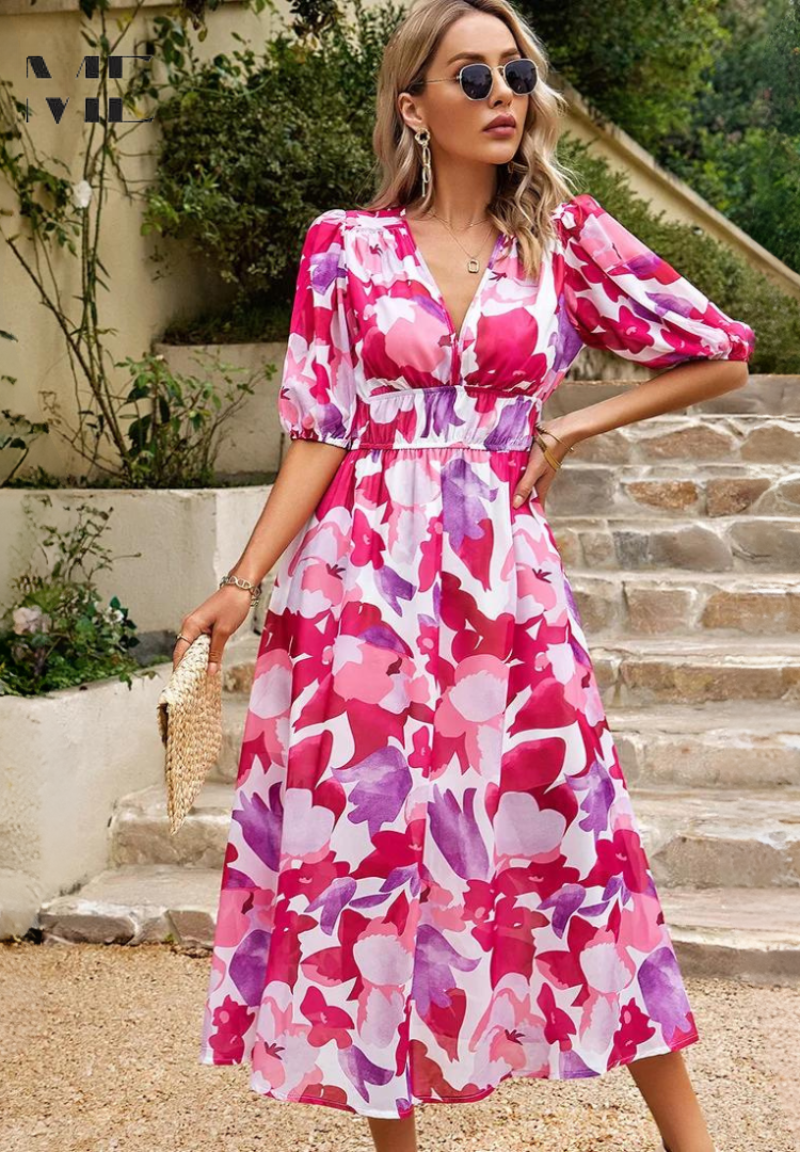 Women's Floral Midi Guest Dress Polyester Autumn Party Wear