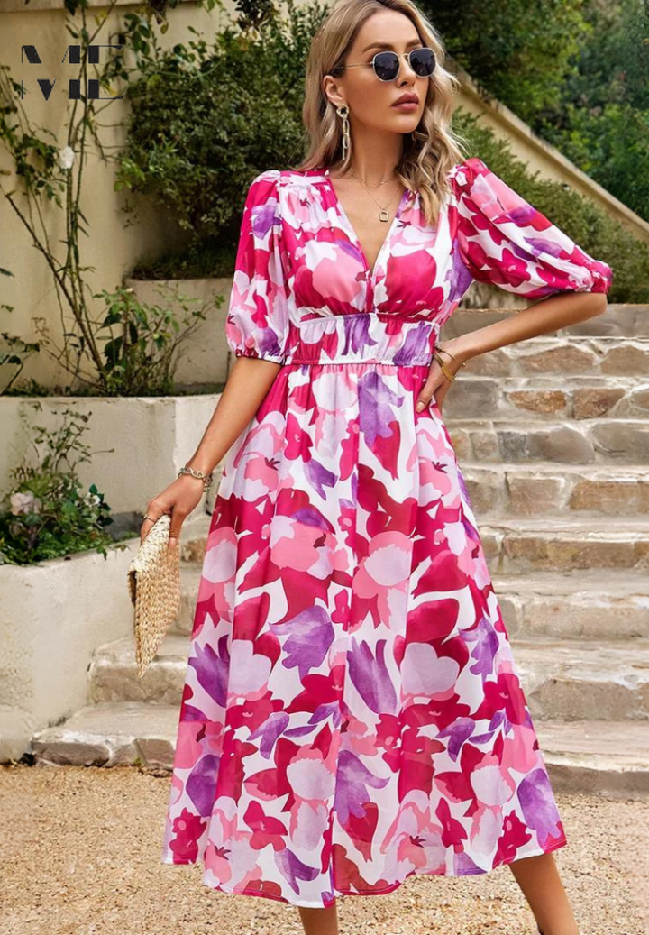 Women's Floral Midi Guest Dress Polyester Autumn Party Wear