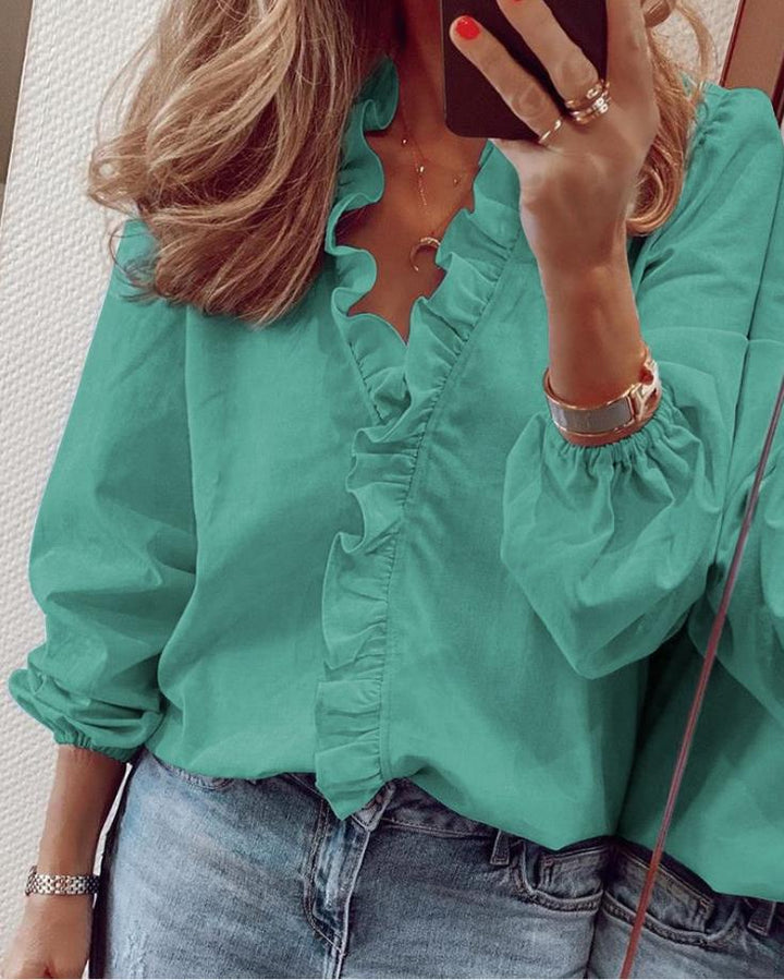 Elegant V-neck Blouse with Ruffles for Women - Blossom Collection