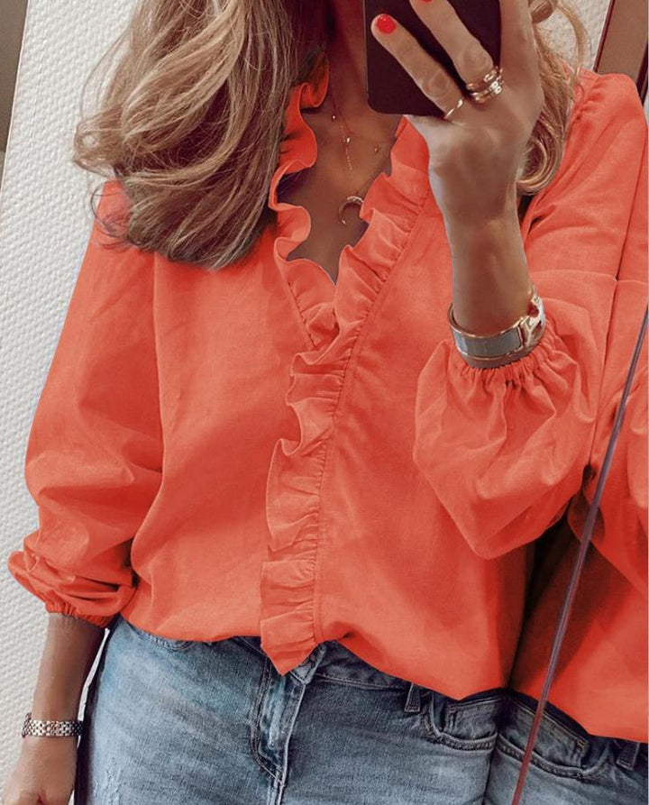 Elegant V-neck Blouse with Ruffles for Women - Blossom Collection